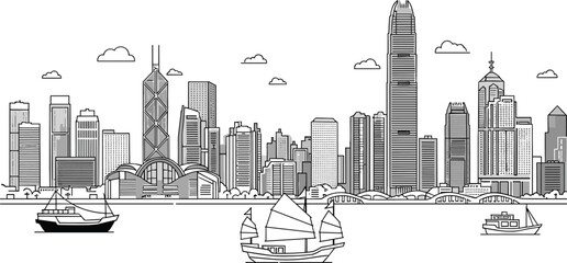 Obraz premium City skyline line art, waterfront view, sailboat motorboat sketch, modern skyscraper outline, urban architecture, black and white illustration