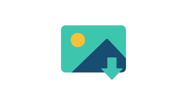 Simple graphic showing picture preview symbol with rounded corners, bright sun circle, mountain shape, and downward download arrow element