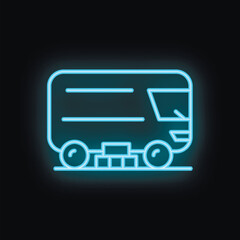 Blue neon sign of a train traveling on tracks with a black background