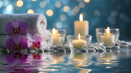 Rolled white towel orchid candle spa zen relaxation ambiance with soft bokeh lights, smooth stones and water reflection creating tranquil soothing mood