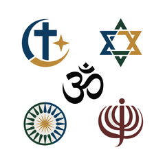 Five religious symbols including Om Star of David Dharma Chakra Khanda vector.
