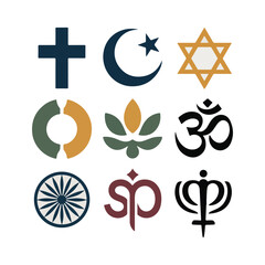 Collection of nine religious symbols in a grid on white background cross christianity.