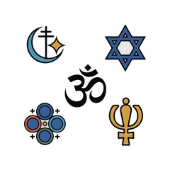 Five religious symbols including Om Star of David Dharma Chakra Khanda vector.