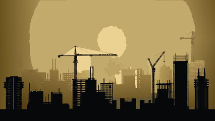 Aerial view of a sprawling urban construction site with various buildings machinery and infrastructure showcasing development and city growth