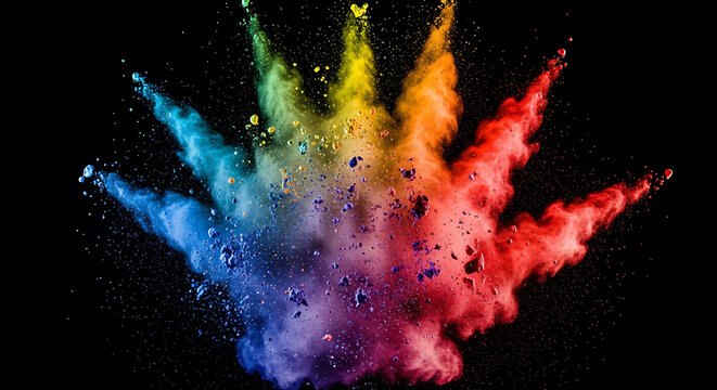 Vibrant rainbow colored powder exploding outward against a black background