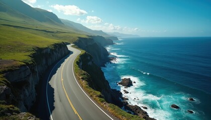 Aerial view of coast road curves along ocean shore cliff edge. Green hills meet blue sea horizon. Scenic highway offers travel adventure, drive destination and wild coastline.