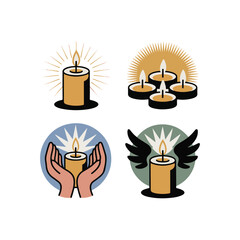 Four candle illustrations with abstract elements and warm colors light flame.