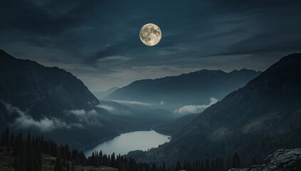 A mountain valley covered in fog at night, with a beautiful full moon.
