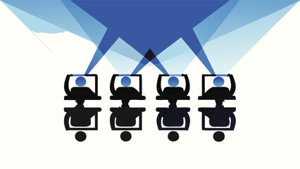 Aerial perspective of diverse seated silhouettes against a blank background suitable for architectural or interior design concepts