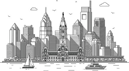 Philadelphia skyline, city hall, historic architecture, modern buildings, river scene, sailboat, urban illustration, black and white, iconic landmarks, sketch © Hey this is Tazim