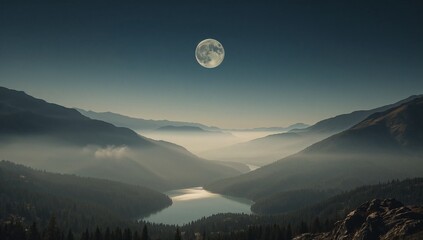 A mountain valley covered in fog at night, with a beautiful full moon.