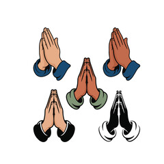 Five diverse praying hands illustrations in various skin tones and clothing prayer gesture.