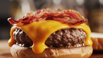 Closeup of a delicious bacon cheeseburger with melted cheese and crispy bacon, steam rising from the hot patty, a tempting fast food treat animated 4k video