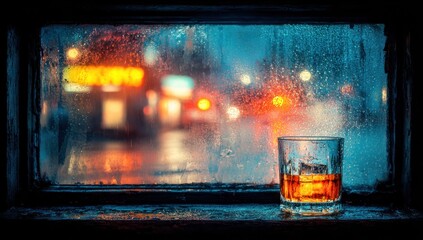 A glass of whiskey on a windowsill, night scene with rain.