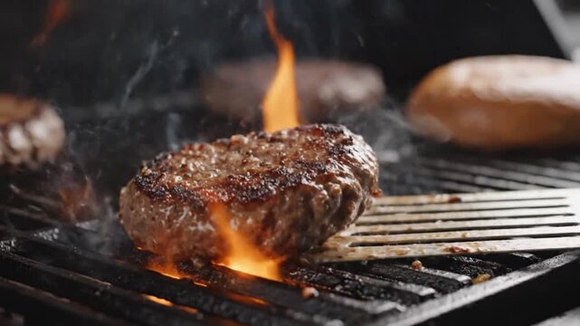 Juicy beef patty sizzling on a hot grill with flames engulfing it, being flipped with a spatula, perfect for a summer barbecue animated 4k video