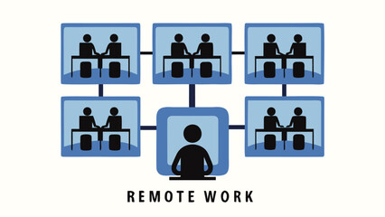 Illustration of diverse remote workers collaborating and connecting from separate modern cubicles symbolizing distributed teams and digital communication networks