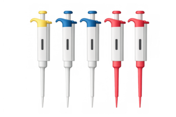 Six adjustable micropipette dispensers lined up, featuring yellow, blue, and red push buttons, used in scientific research. Transparent background