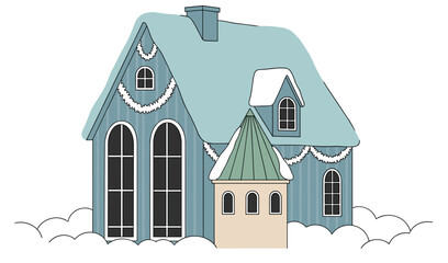 Winter house illustration, snowy setting, festive garland, blue siding, arched windows, holiday home, cozy design, vector art, seasonal