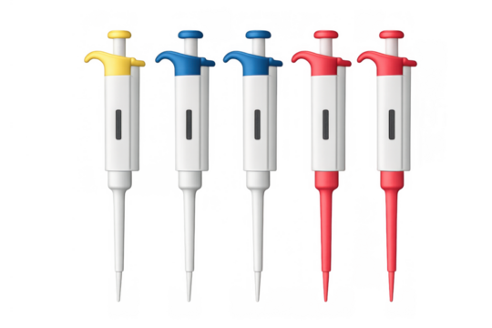 Six adjustable micropipette dispensers lined up, featuring yellow, blue, and red push buttons, used in scientific research. Transparent background