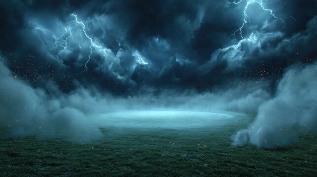 Stormy night field with lightning dark cloud fog short grass mist dramatic sky thunderstorm glowing center atmospheric moody