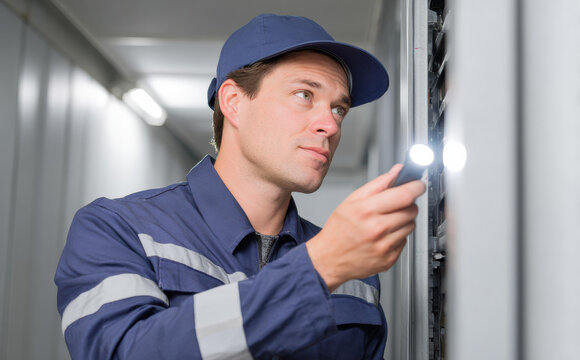 Focused technician, man doing maintenance and inspection work. electrician in blue uniform uses flashlight on an electrical panel, performing system check
