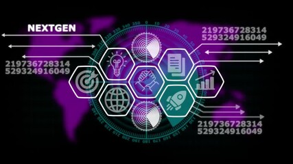 Nextgen Concept Infographic with Icons and World Map Background  - Powered by Adobe