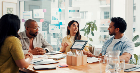 Tablet, meeting and business people with chart, kpi research and data analysis in office. Teamwork,...