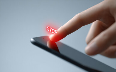 Person finger ready to touch glowing red stop button on smartphone screen. serious concept about warning, security alert, or making final decision to halt an action