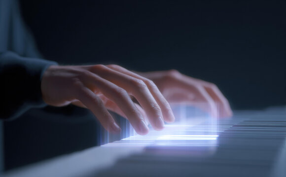 Futuristic piano music creation with hands playing glowing digital keyboard. Creative sound and light technology showing focused, innovative musical performance and ai