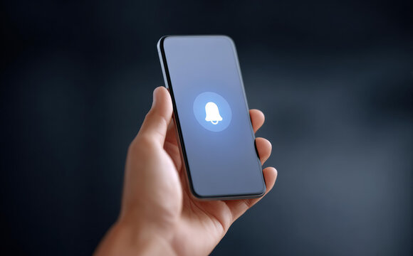 Person hand holding smartphone with glowing bell notification icon on dark screen. feeling of anticipation for new alert or an important online message