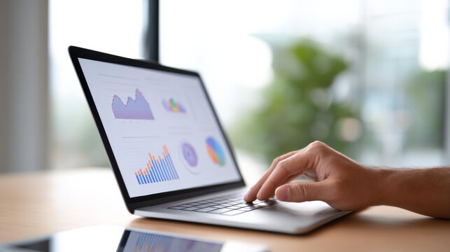 Focused business person working on laptop, analyzing data with chart and graph on screen. professional uses technology for finance and marketing analysis in modern office