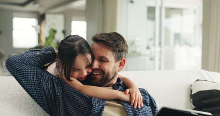 Happy, hug and dad with child on sofa in home with love, support and care in living room. Smile,...