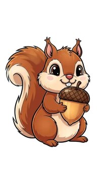 Adorable cartoon squirrel happily clutches a large acorn, its bushy tail curled, perfect for autumn and woodland themes