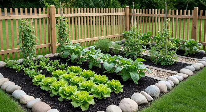 A wellmaintained vegetable garden with neat rows of lettuce and other plants, bordered by a rustic wooden fence and decorative stones, bathed in natural sunlight