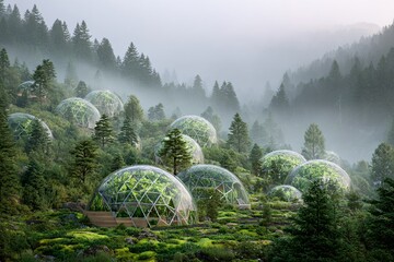 Misty morning in a sustainable garden with geodesic domes surrounded by tall trees