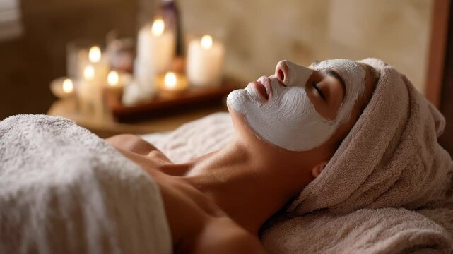 Relaxing spa treatment with woman enjoying facial mask, camera slowly zooms in on serene expression