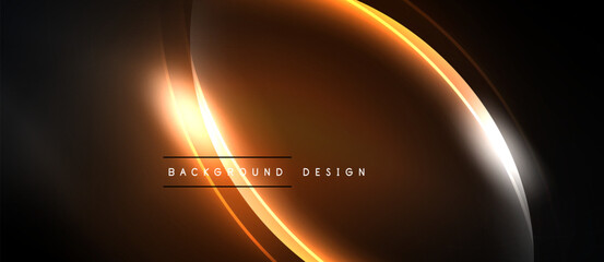 Abstract dark background features glowing orange lines, curves. Modern design elements create dynamic visual impact. Minimalist aesthetic.