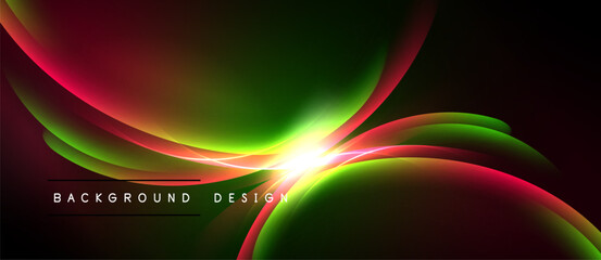 Abstract waves, vibrant colors blend. Red, green, yellow create dynamic flow. Modern design, dark background enhances visual impact.