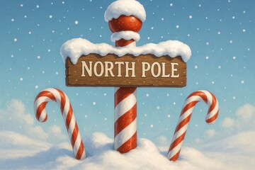 Whimsical snowy North Pole sign