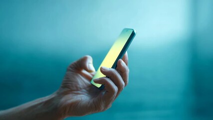 Close up of a hand holding a mobile phone and scrolling through the screen with a thumb, browsing social media or checking the newsfeed on an electronic device with a glowing yellow display - Powered by Adobe