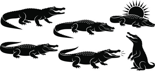 Alligator silhouette vector, crocodile reptile illustration, predator pose animal composition, sun element design, cad drawing flat vector illustration, swamp stance