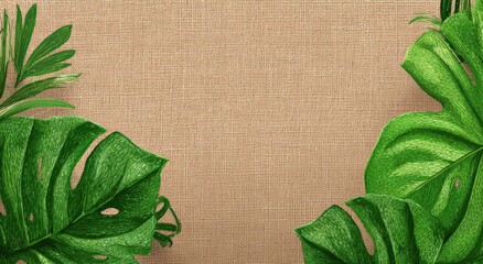 Detailed illustration of tropical leaves on a beige linen background.