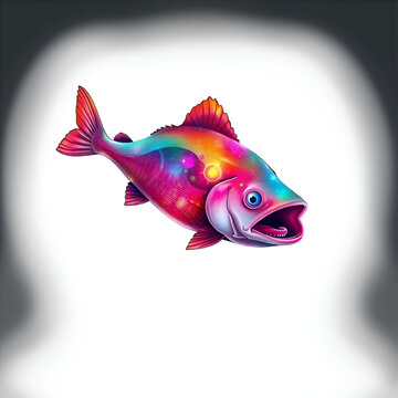 An imaginative lungfish illustration with cosmic coloration floats on a white isolated studio background.