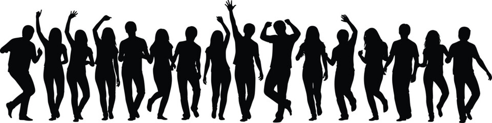 Silhouetted dancers in motion, energetic poses, black figures on white background, group celebration, dynamic movement, artistic performance, unity