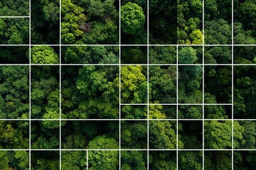 Lush green forest with a mosaic pattern showcasing different shades of trees during daylight