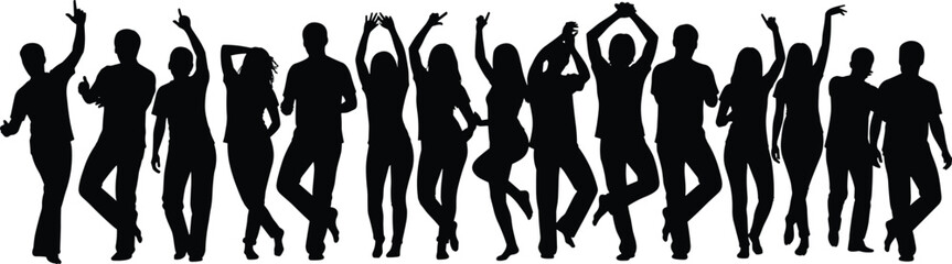 Silhouetted dancers in motion, expressive poses, black figures, white background, group rhythm, dynamic movement, artistic energy, celebration, unity