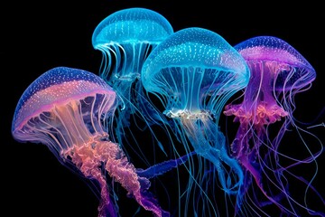 Obraz premium Vibrant jellyfish swim gracefully in dark water creating a stunning underwater display of light and color