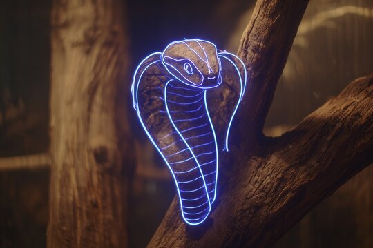 Cobra with neon outline displays creative art on a tree branch at night in a nature exhibition