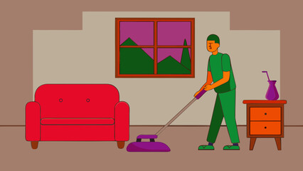Professional cleaner vacuuming living room at home with colorful decor and cozy furniture