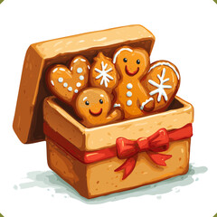 Vector illustration of a gift box filled with smiling gingerbread cookies with icing details, isolated on a white background. Vector illustration of winter dessert on white background